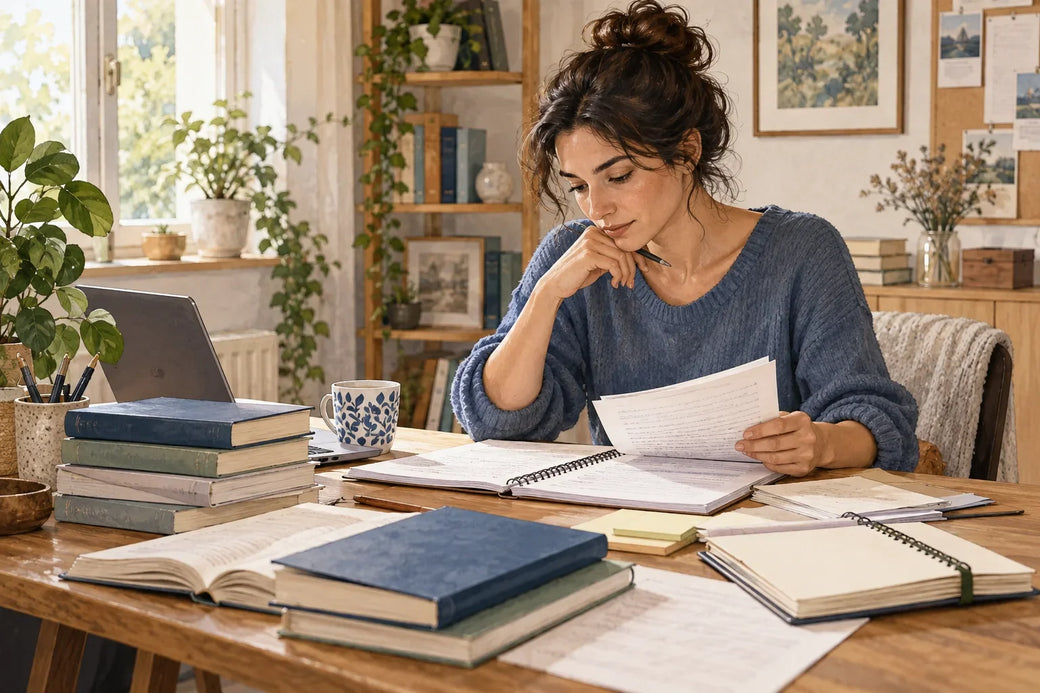 Persona preparando oposiciones por libre con libros, apuntes y una planificación sobre la mesa.