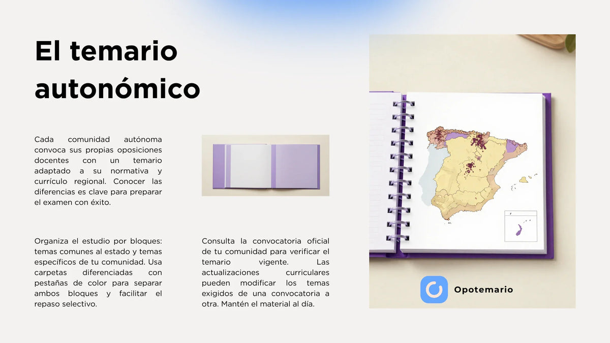 Adaptación del temario a cada comunidad autónoma, con un cuaderno y un mapa de España.