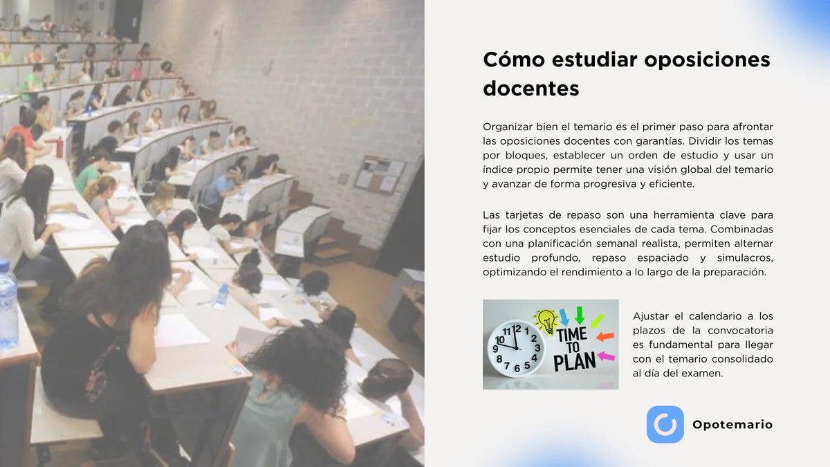 Aula de examen y pautas para estudiar oposiciones docentes con repasos y planificación.