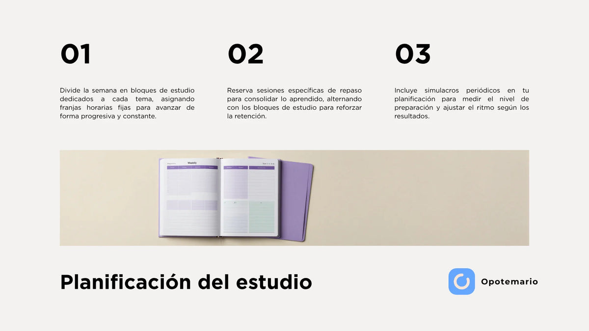 Planificación del estudio de oposiciones: bloques de estudio, repaso y simulacros.