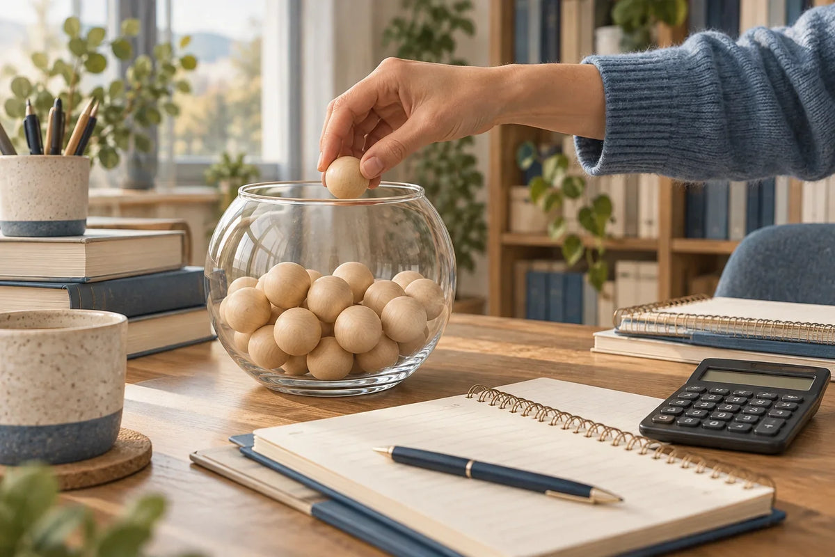 Extracción de una bola de un recipiente junto a un cuaderno y una calculadora.