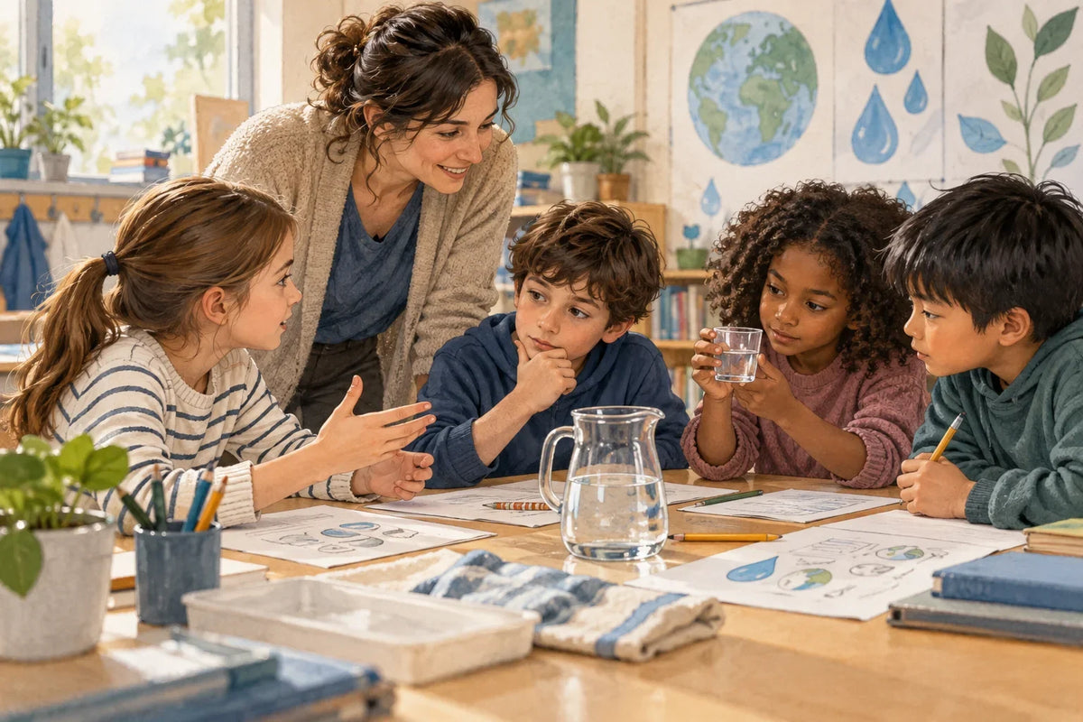 Grupo de Primaria investigando el uso del agua con apoyo del docente y materiales de trabajo.