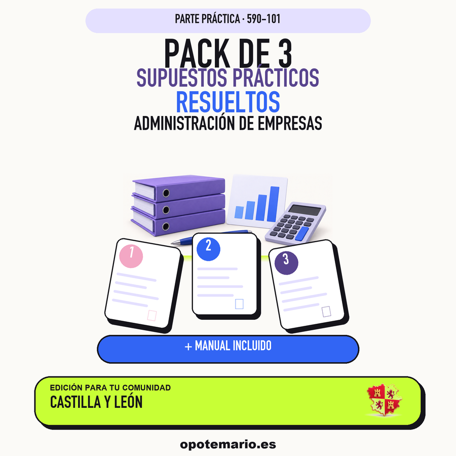 Pack de 3 supuestos prácticos resueltos de Administración de Empresas en Castilla y León. Incluye manual específico. PDF de Opotemario.