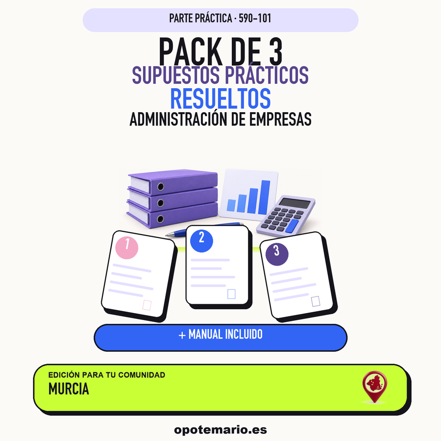 Pack de 3 supuestos prácticos resueltos de Administración de Empresas en Murcia. Incluye manual específico. PDF de Opotemario.