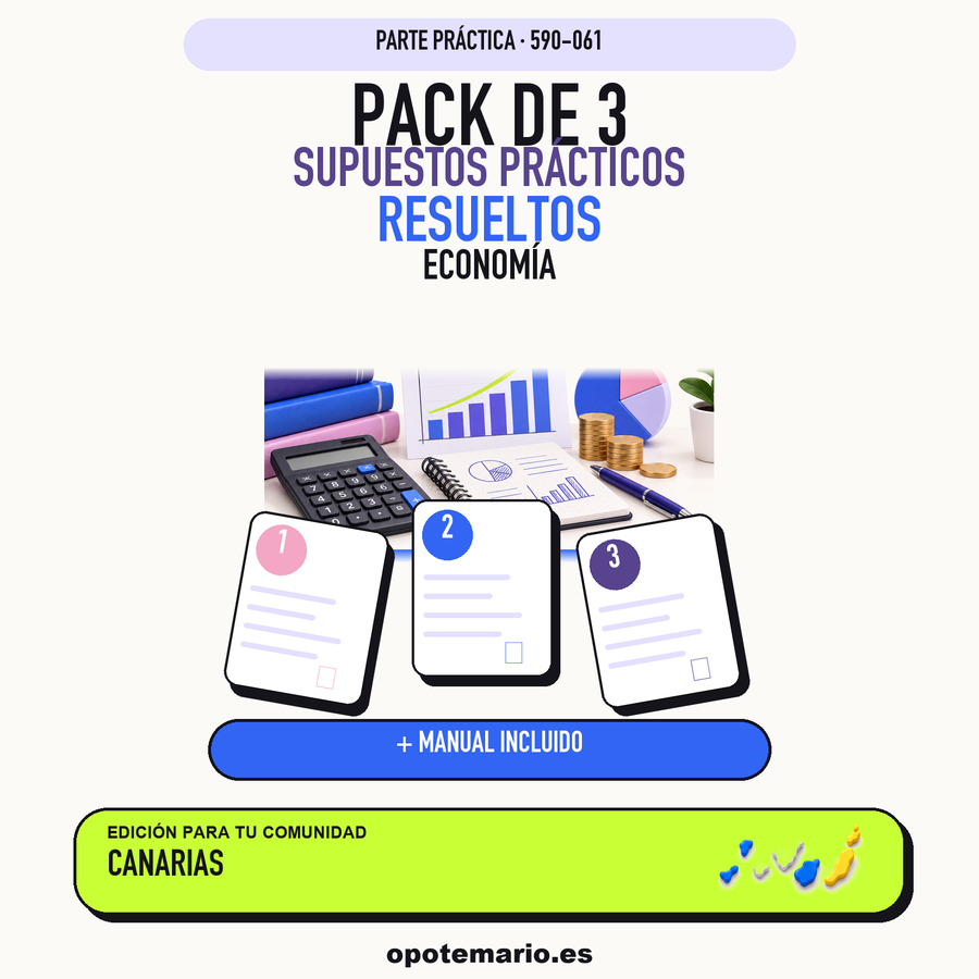 Pack de 3 supuestos prácticos resueltos de Economía en Canarias. Incluye manual específico. PDF de Opotemario.