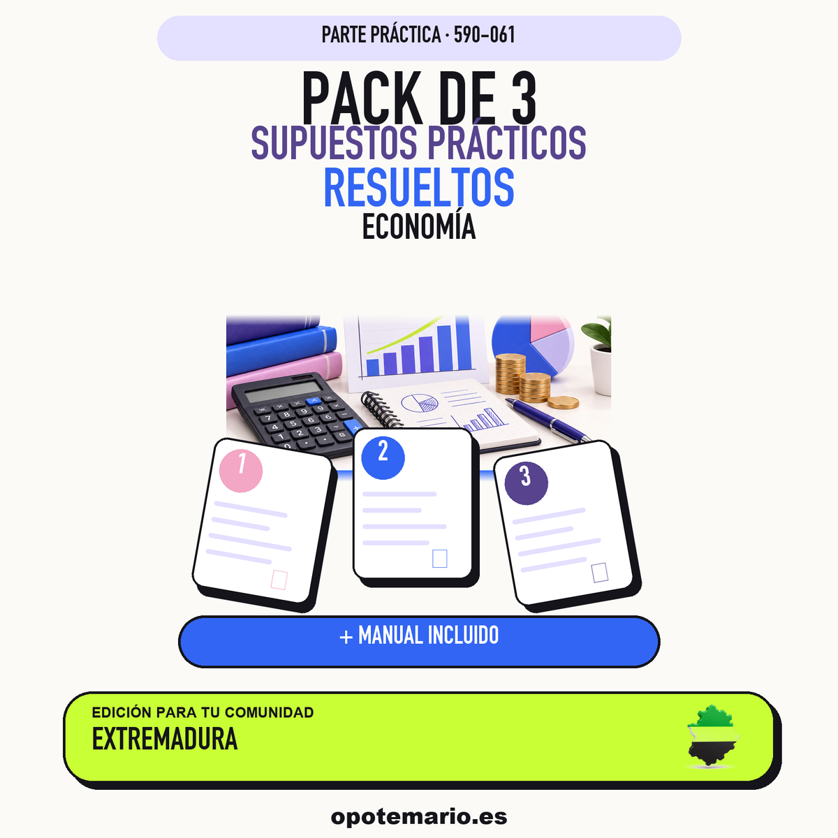 Pack de 3 supuestos prácticos resueltos de Economía en Extremadura. Incluye manual específico. PDF de Opotemario.