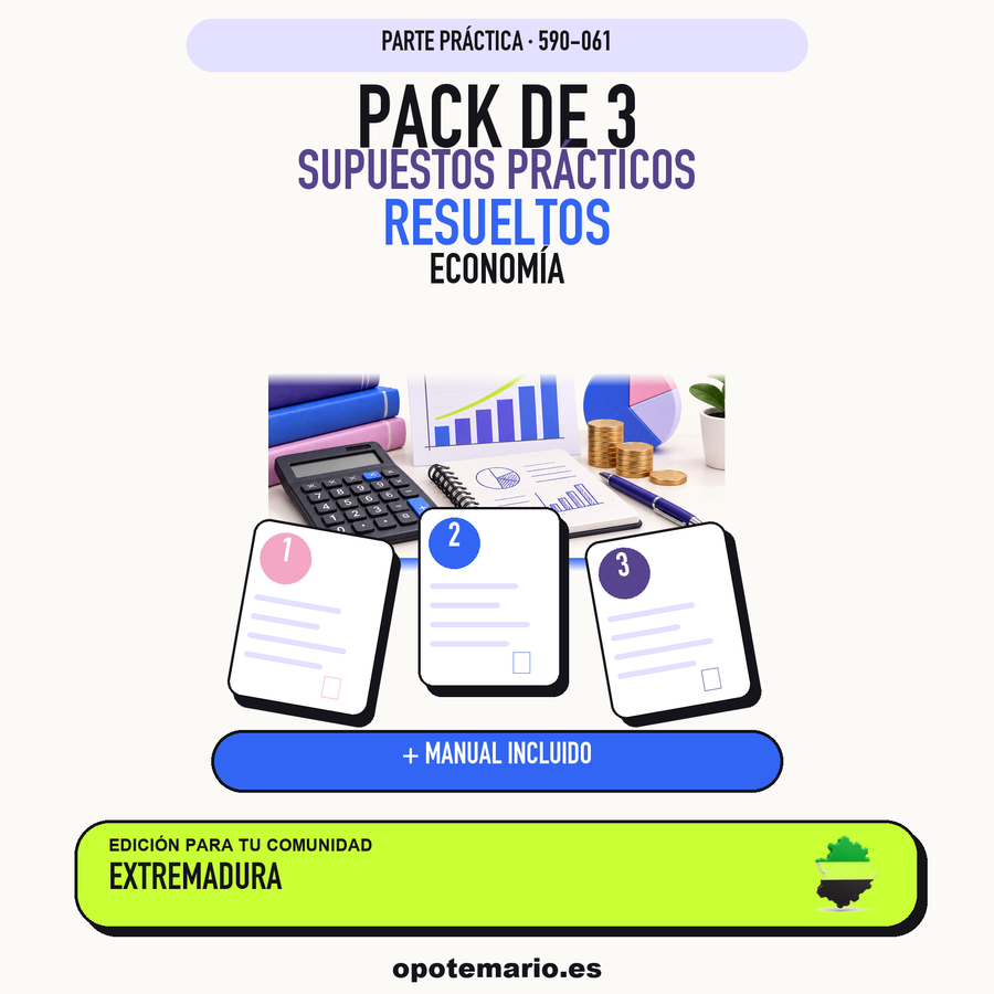 Pack de 3 supuestos prácticos resueltos de Economía en Extremadura. Incluye manual específico. PDF de Opotemario.