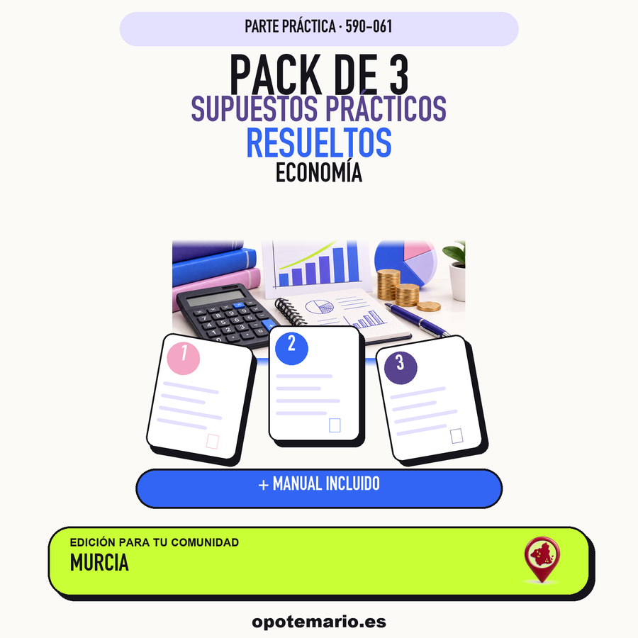 Pack de 3 supuestos prácticos resueltos de Economía en Murcia. Incluye manual específico. PDF de Opotemario.