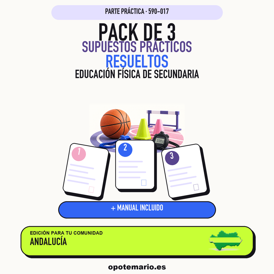 Pack de 3 supuestos prácticos resueltos de Educación Física de Secundaria en Andalucía. Incluye manual específico. PDF de Opotemario.