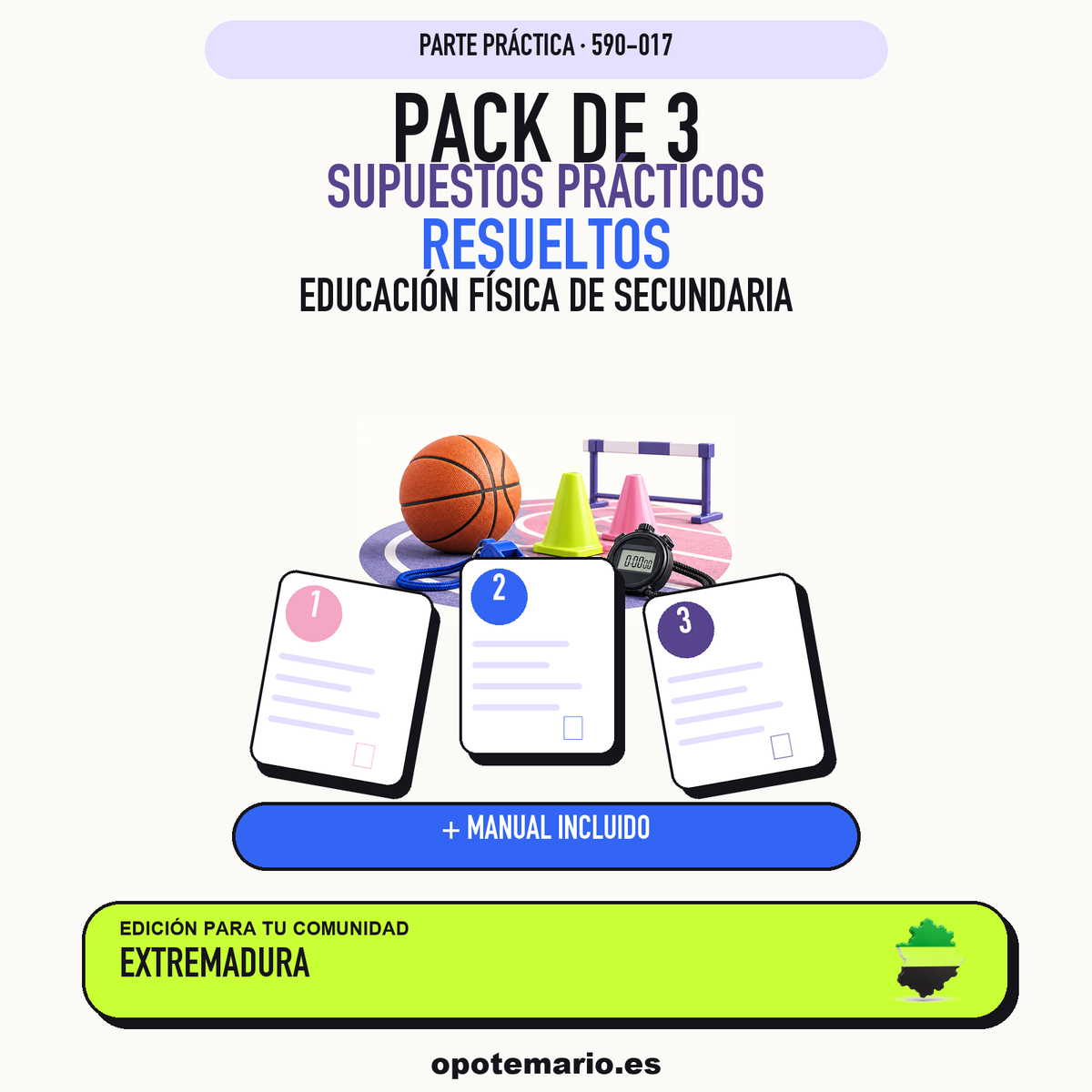 Pack de 3 supuestos prácticos resueltos de Educación Física de Secundaria en Extremadura. Incluye manual específico. PDF de Opotemario.