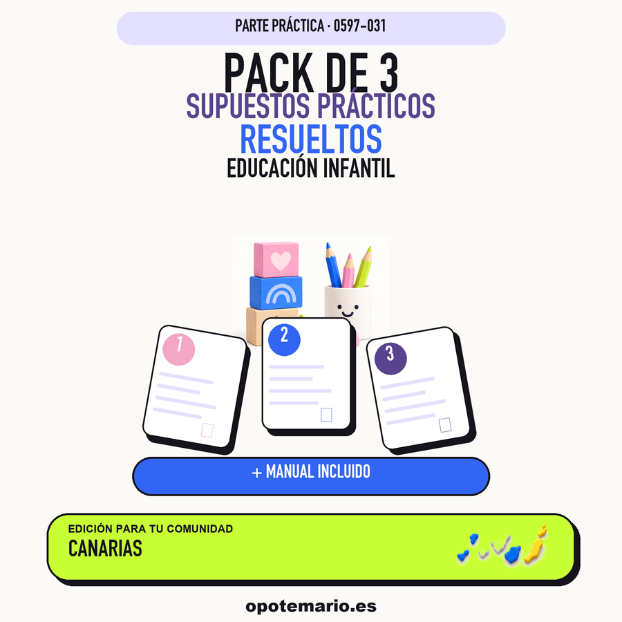 Pack de 3 supuestos prácticos resueltos de Educación Infantil en Canarias. Incluye manual específico. PDF de Opotemario.