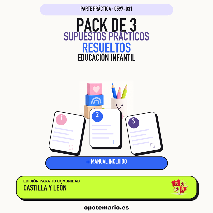 Pack de 3 supuestos prácticos resueltos de Educación Infantil en Castilla y León. Incluye manual específico. PDF de Opotemario.