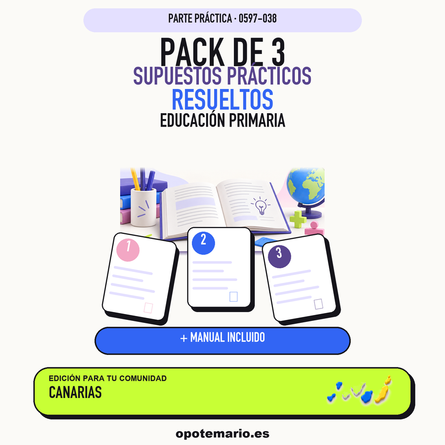 Pack de 3 supuestos prácticos resueltos de Educación Primaria en Canarias. Incluye manual específico. PDF de Opotemario.