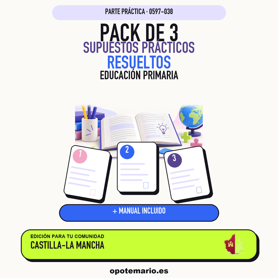 Pack de 3 supuestos prácticos resueltos de Educación Primaria en Castilla-La Mancha. Incluye manual específico. PDF de Opotemario.