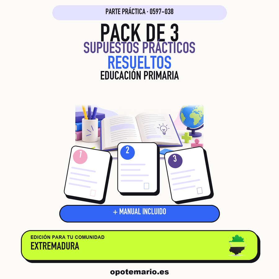 Pack de 3 supuestos prácticos resueltos de Educación Primaria en Extremadura. Incluye manual específico. PDF de Opotemario.