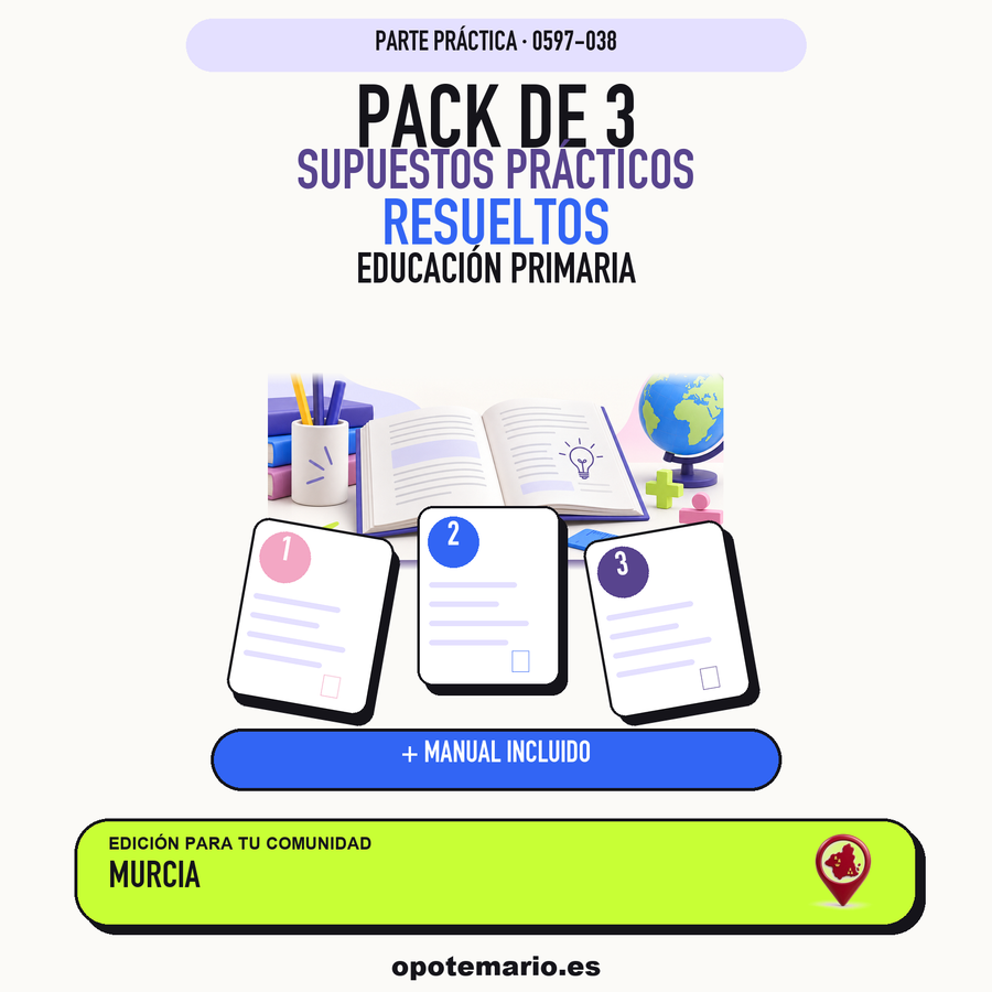 Pack de 3 supuestos prácticos resueltos de Educación Primaria en Murcia. Incluye manual específico. PDF de Opotemario.
