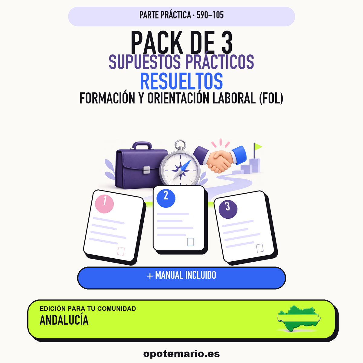 Pack de 3 supuestos prácticos resueltos de Formación y Orientación Laboral (FOL) en Andalucía. Incluye manual específico. PDF de Opotemario.