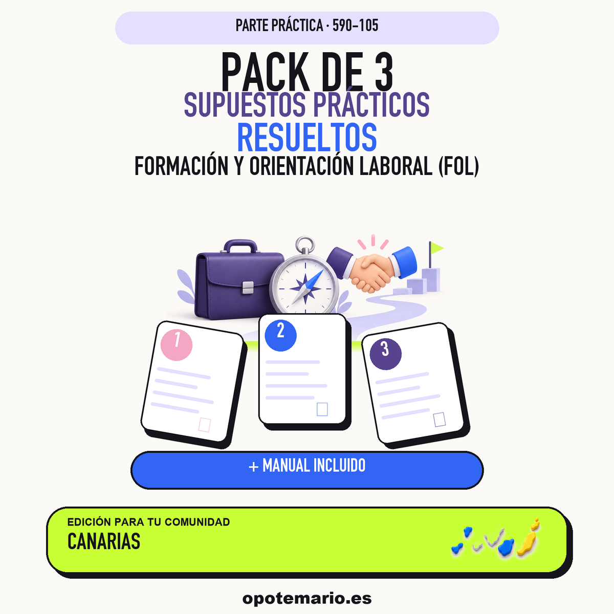 Pack de 3 supuestos prácticos resueltos de Formación y Orientación Laboral (FOL) en Canarias. Incluye manual específico. PDF de Opotemario.