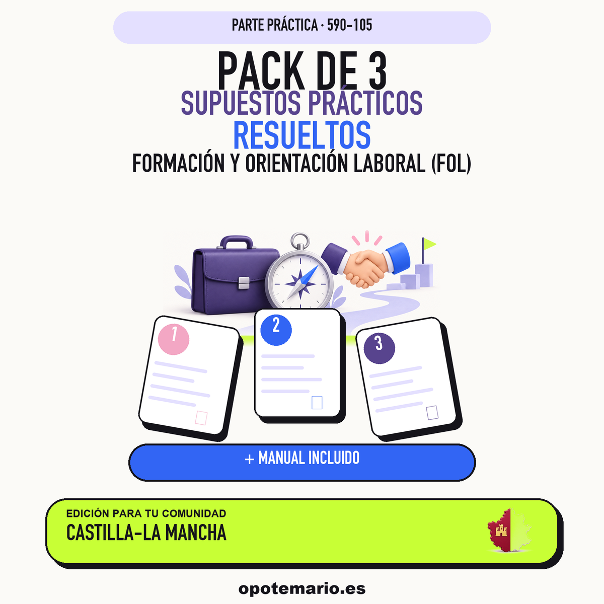Pack de 3 supuestos prácticos resueltos de Formación y Orientación Laboral (FOL) en Castilla-La Mancha. Incluye manual específico. PDF de Opotemario.