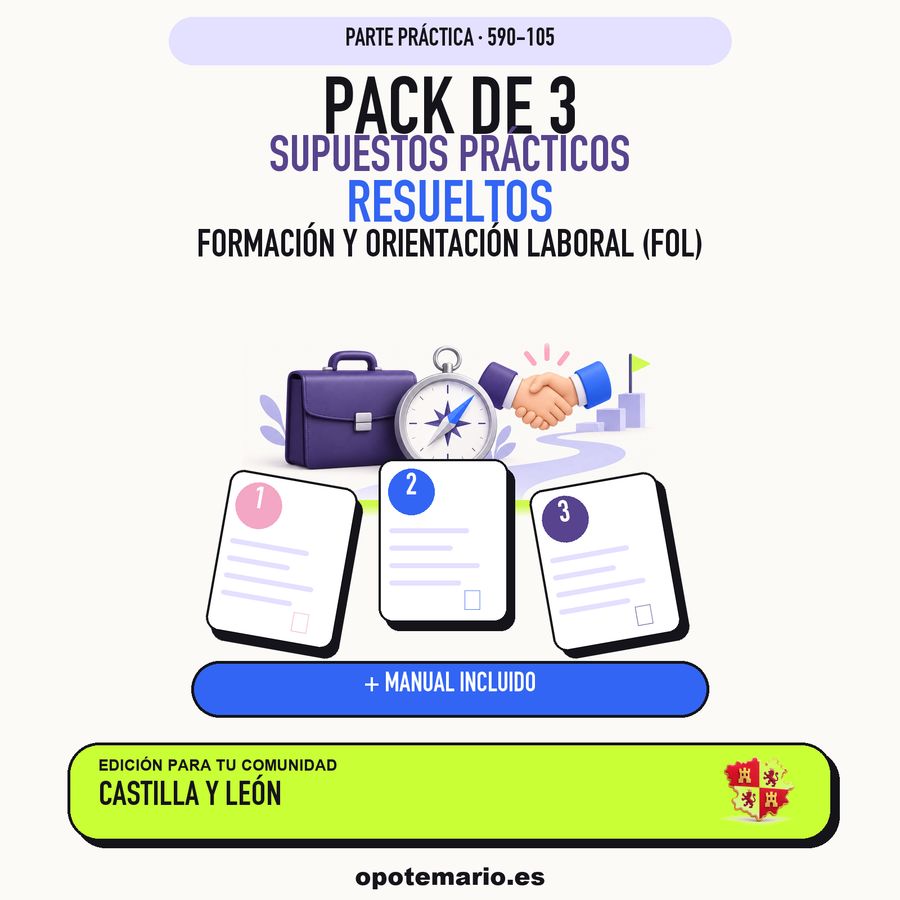 Pack de 3 supuestos prácticos resueltos de Formación y Orientación Laboral (FOL) en Castilla y León. Incluye manual específico. PDF de Opotemario.