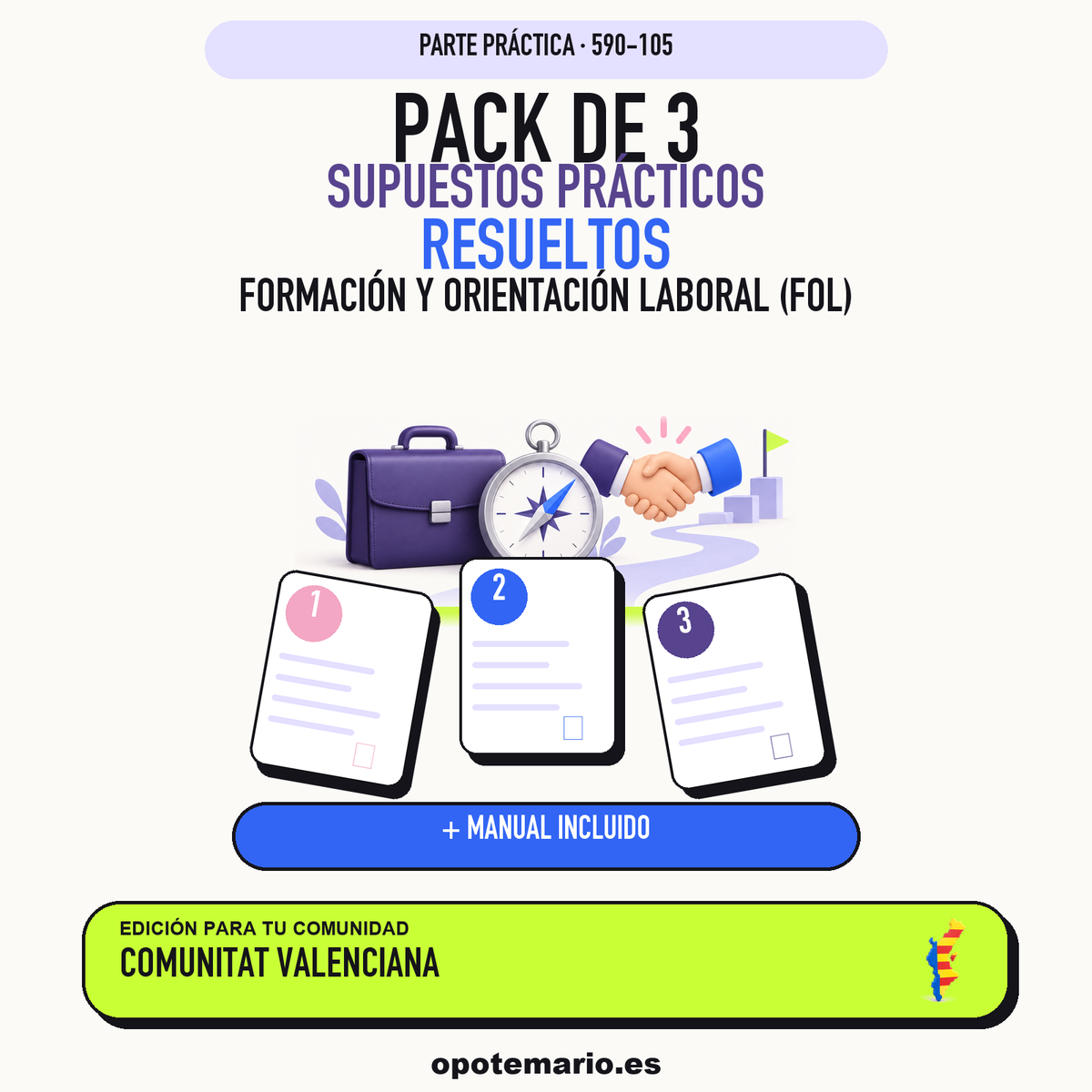 Pack de 3 supuestos prácticos resueltos de Formación y Orientación Laboral (FOL) en Comunitat Valenciana. Incluye manual específico. PDF de Opotemario.
