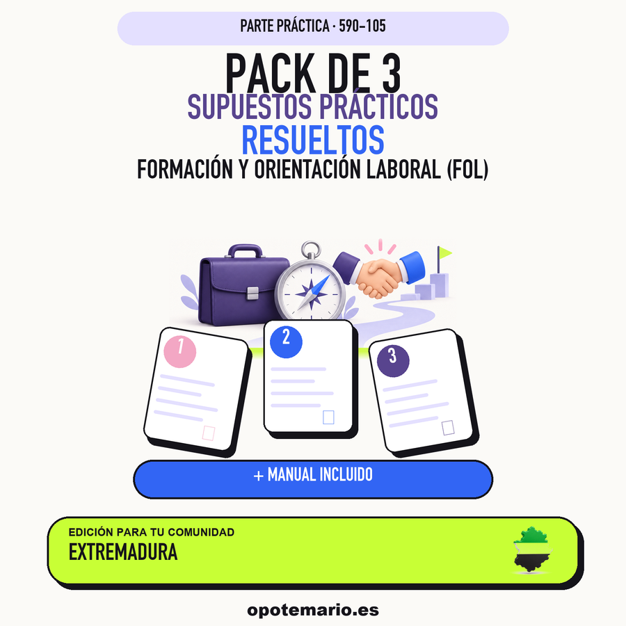 Pack de 3 supuestos prácticos resueltos de Formación y Orientación Laboral (FOL) en Extremadura. Incluye manual específico. PDF de Opotemario.