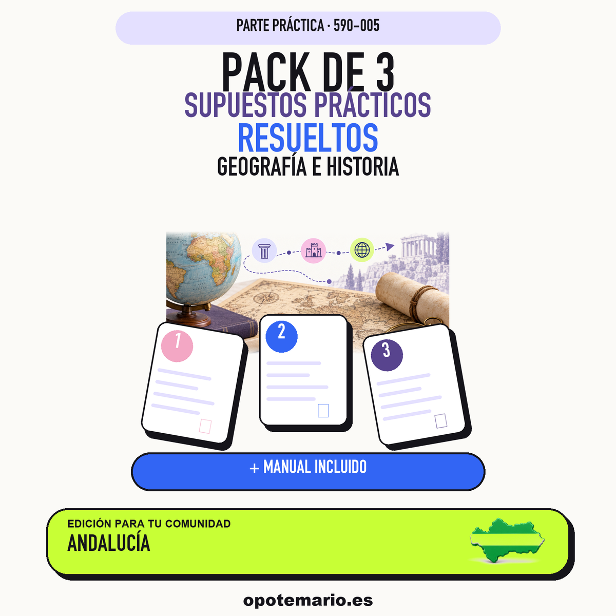 Pack de 3 supuestos prácticos resueltos de Geografía e Historia en Andalucía. Incluye manual específico. PDF de Opotemario.