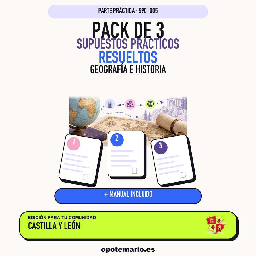 Pack de 3 supuestos prácticos resueltos de Geografía e Historia en Castilla y León. Incluye manual específico. PDF de Opotemario.