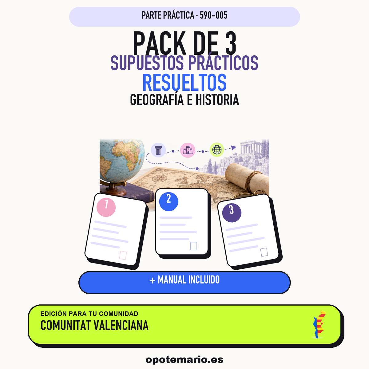 Pack de 3 supuestos prácticos resueltos de Geografía e Historia en Comunitat Valenciana. Incluye manual específico. PDF de Opotemario.