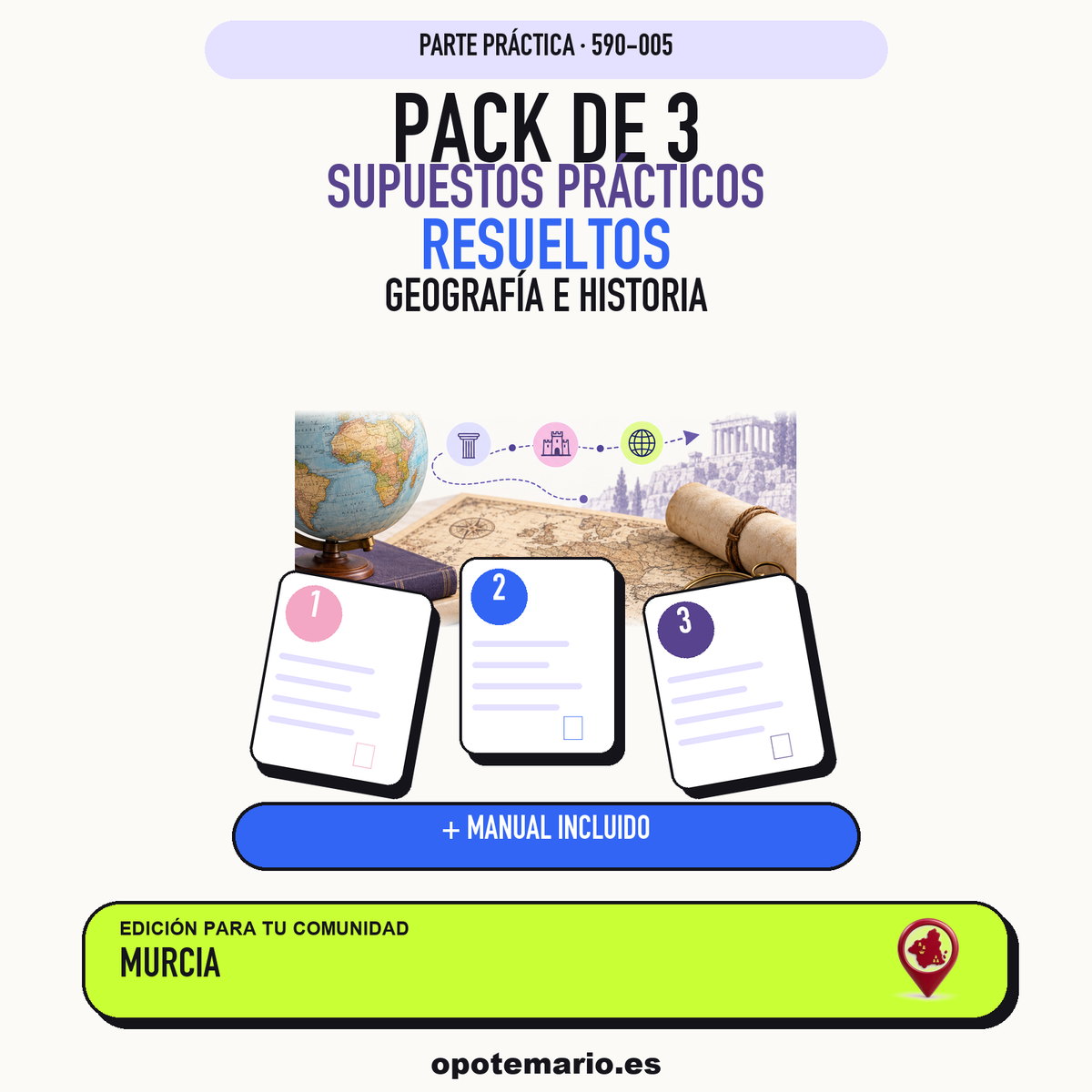 Pack de 3 supuestos prácticos resueltos de Geografía e Historia en Murcia. Incluye manual específico. PDF de Opotemario.