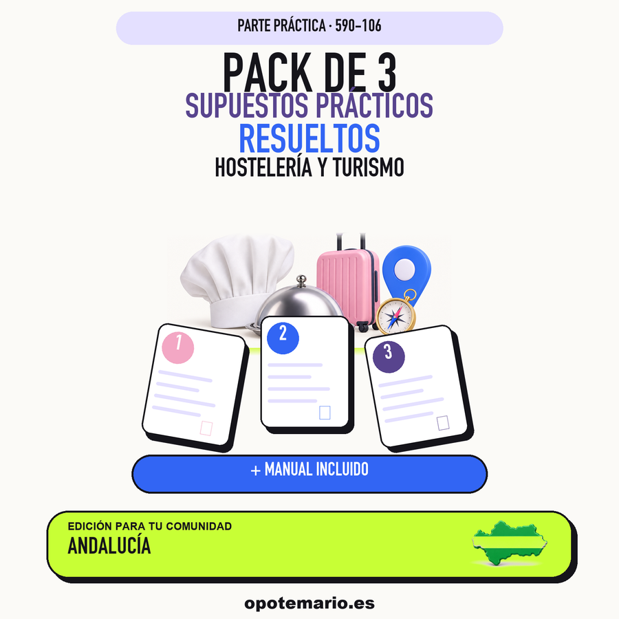Pack de 3 supuestos prácticos resueltos de Hostelería y Turismo en Andalucía. Incluye manual específico. PDF de Opotemario.
