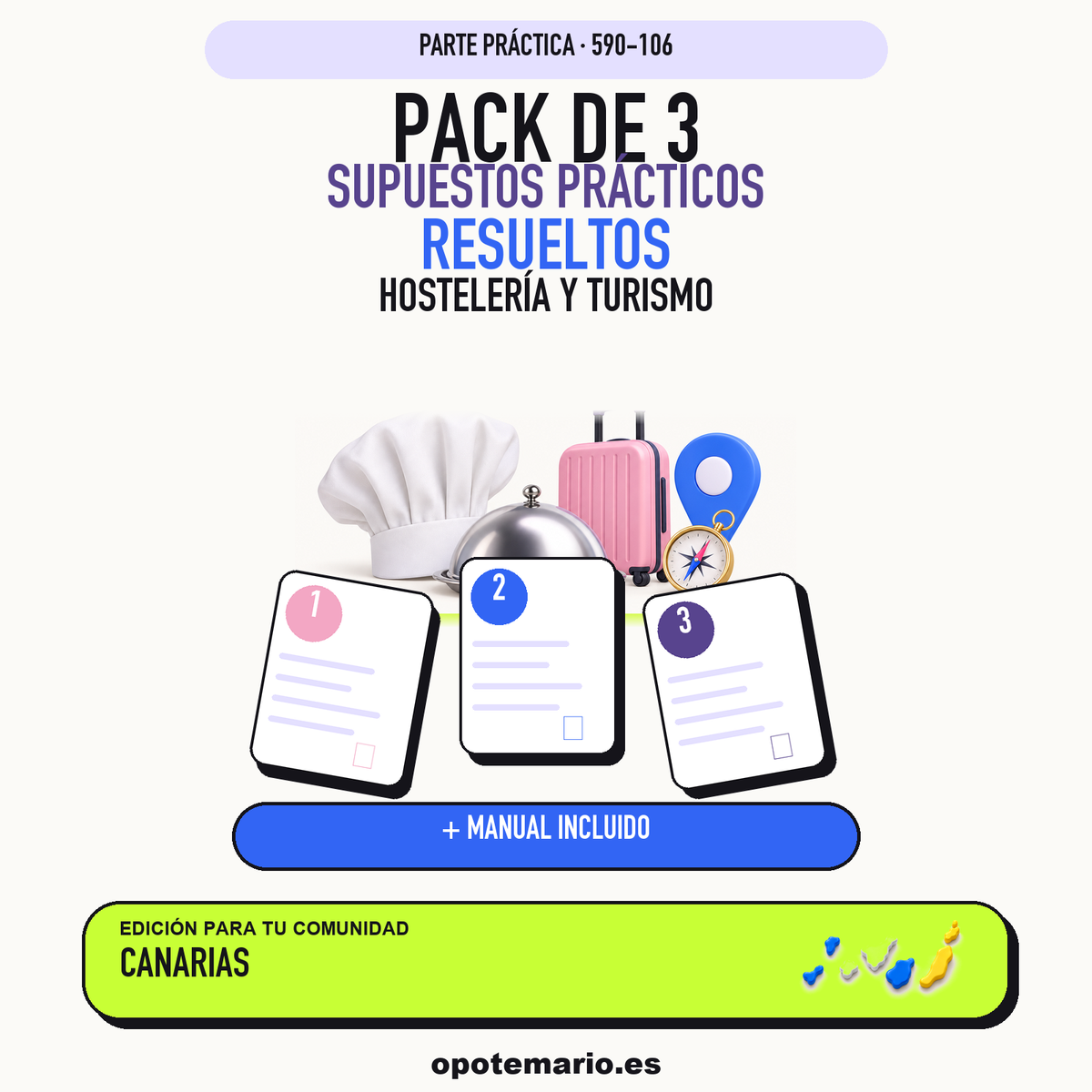 Pack de 3 supuestos prácticos resueltos de Hostelería y Turismo en Canarias. Incluye manual específico. PDF de Opotemario.