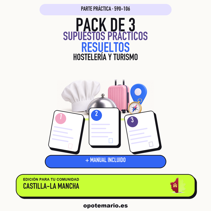 Pack de 3 supuestos prácticos resueltos de Hostelería y Turismo en Castilla-La Mancha. Incluye manual específico. PDF de Opotemario.