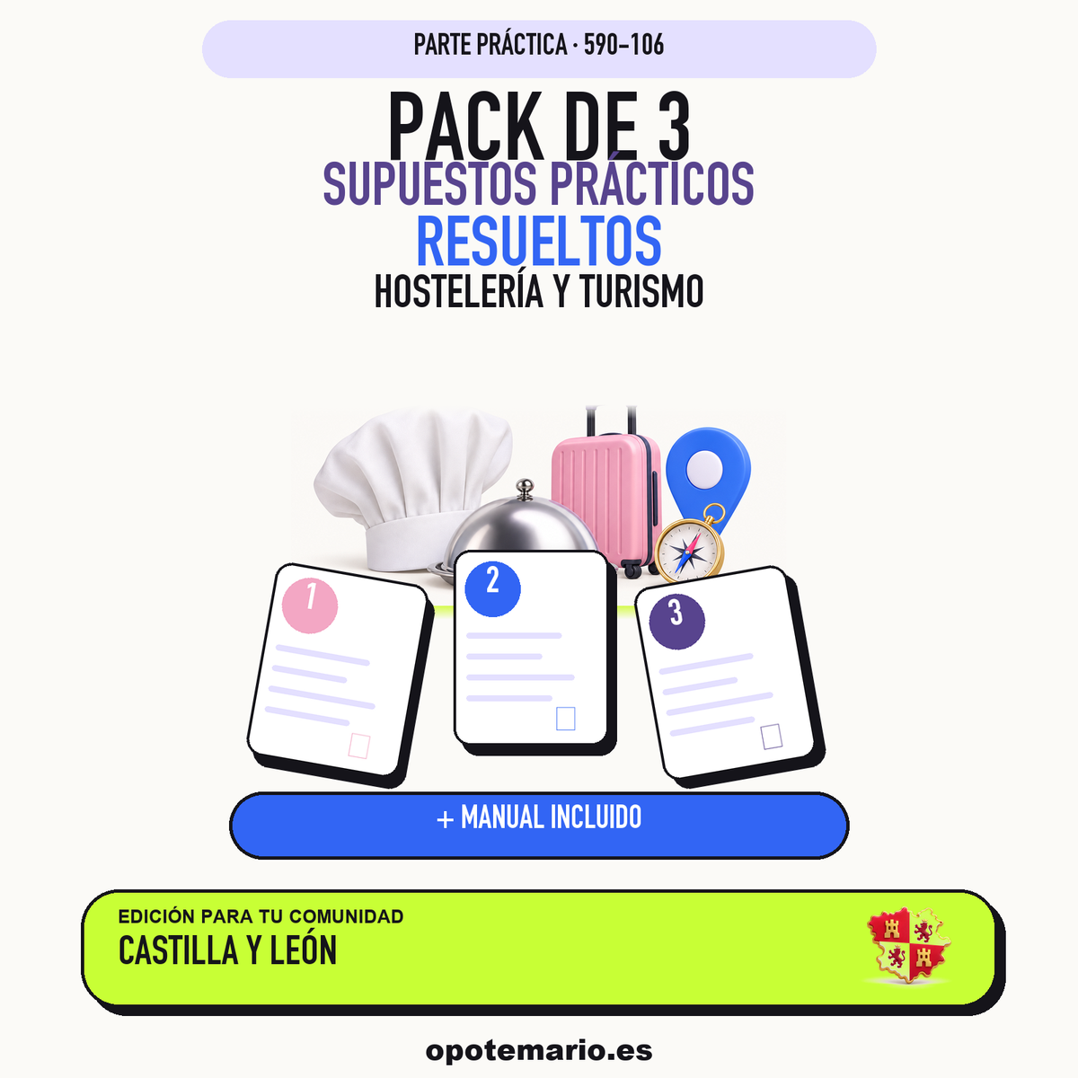 Pack de 3 supuestos prácticos resueltos de Hostelería y Turismo en Castilla y León. Incluye manual específico. PDF de Opotemario.
