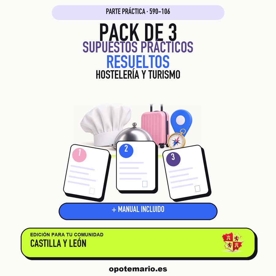 Pack de 3 supuestos prácticos resueltos de Hostelería y Turismo en Castilla y León. Incluye manual específico. PDF de Opotemario.