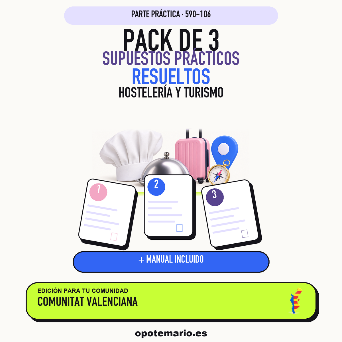 Pack de 3 supuestos prácticos resueltos de Hostelería y Turismo en Comunitat Valenciana. Incluye manual específico. PDF de Opotemario.