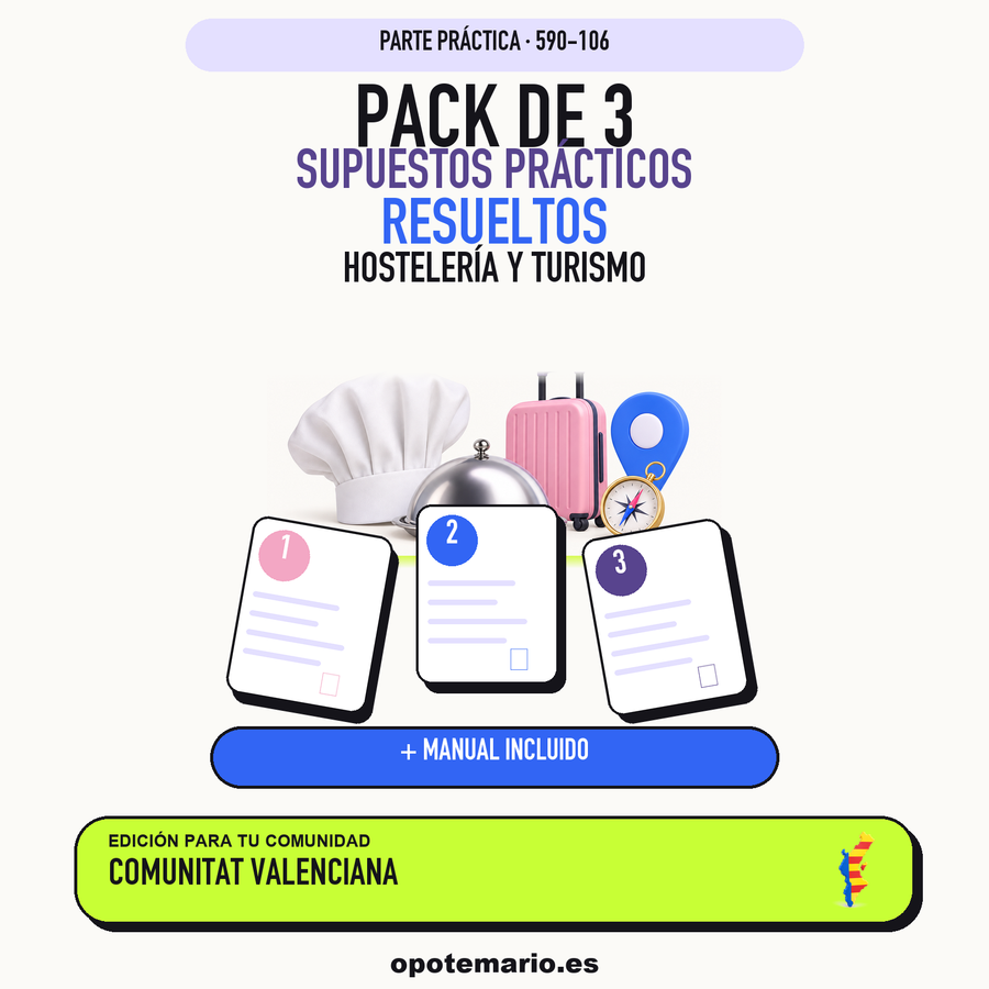 Pack de 3 supuestos prácticos resueltos de Hostelería y Turismo en Comunitat Valenciana. Incluye manual específico. PDF de Opotemario.