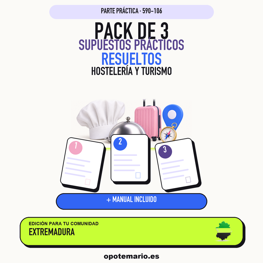Pack de 3 supuestos prácticos resueltos de Hostelería y Turismo en Extremadura. Incluye manual específico. PDF de Opotemario.