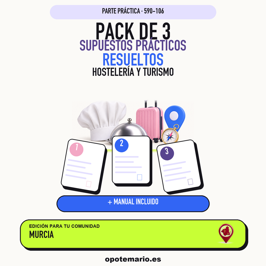 Pack de 3 supuestos prácticos resueltos de Hostelería y Turismo en Murcia. Incluye manual específico. PDF de Opotemario.