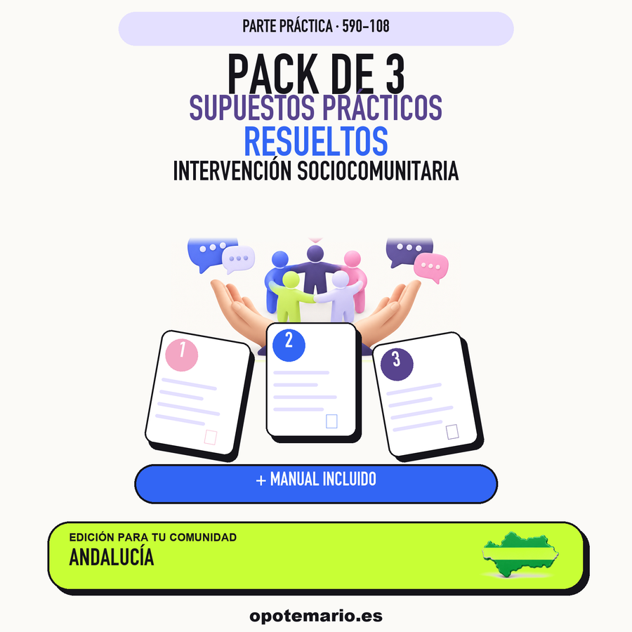 Pack de 3 supuestos prácticos resueltos de Intervención Sociocomunitaria en Andalucía. Incluye manual específico. PDF de Opotemario.
