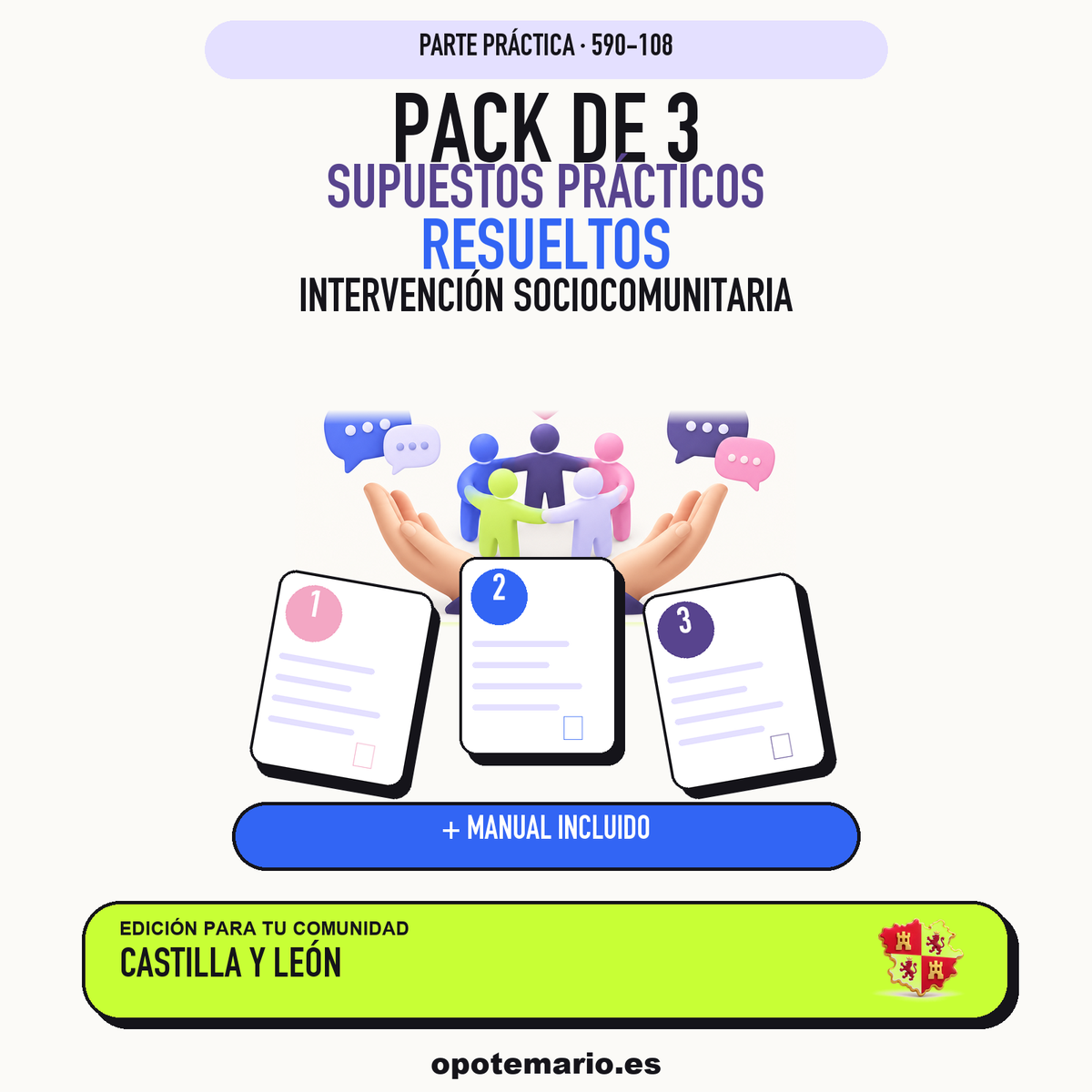 Pack de 3 supuestos prácticos resueltos de Intervención Sociocomunitaria en Castilla y León. Incluye manual específico. PDF de Opotemario.