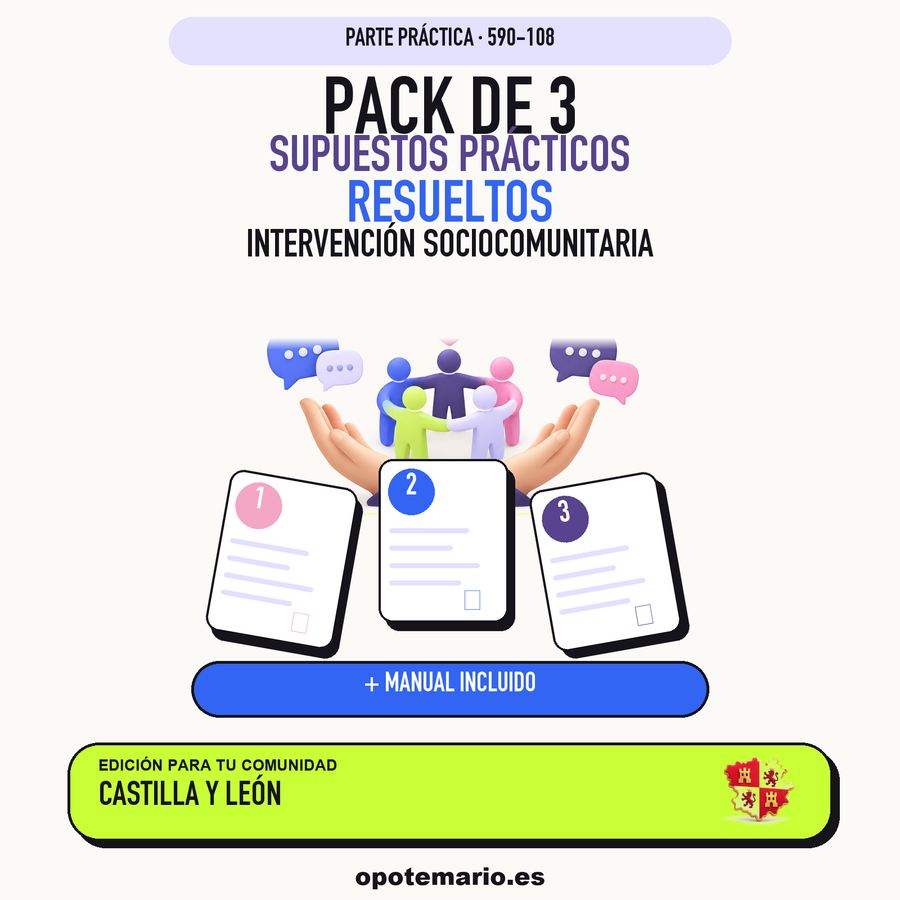 Pack de 3 supuestos prácticos resueltos de Intervención Sociocomunitaria en Castilla y León. Incluye manual específico. PDF de Opotemario.