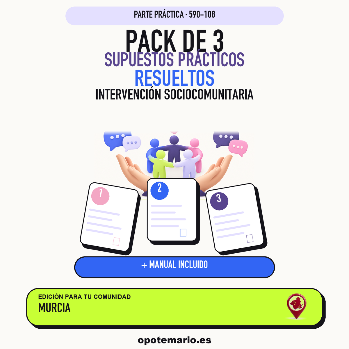 Pack de 3 supuestos prácticos resueltos de Intervención Sociocomunitaria en Murcia. Incluye manual específico. PDF de Opotemario.