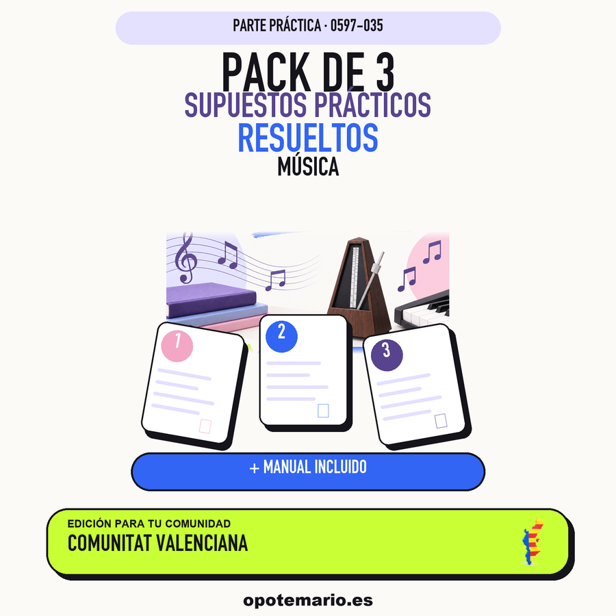Pack de 3 supuestos prácticos resueltos de Música en Comunitat Valenciana. Incluye manual específico. PDF de Opotemario.