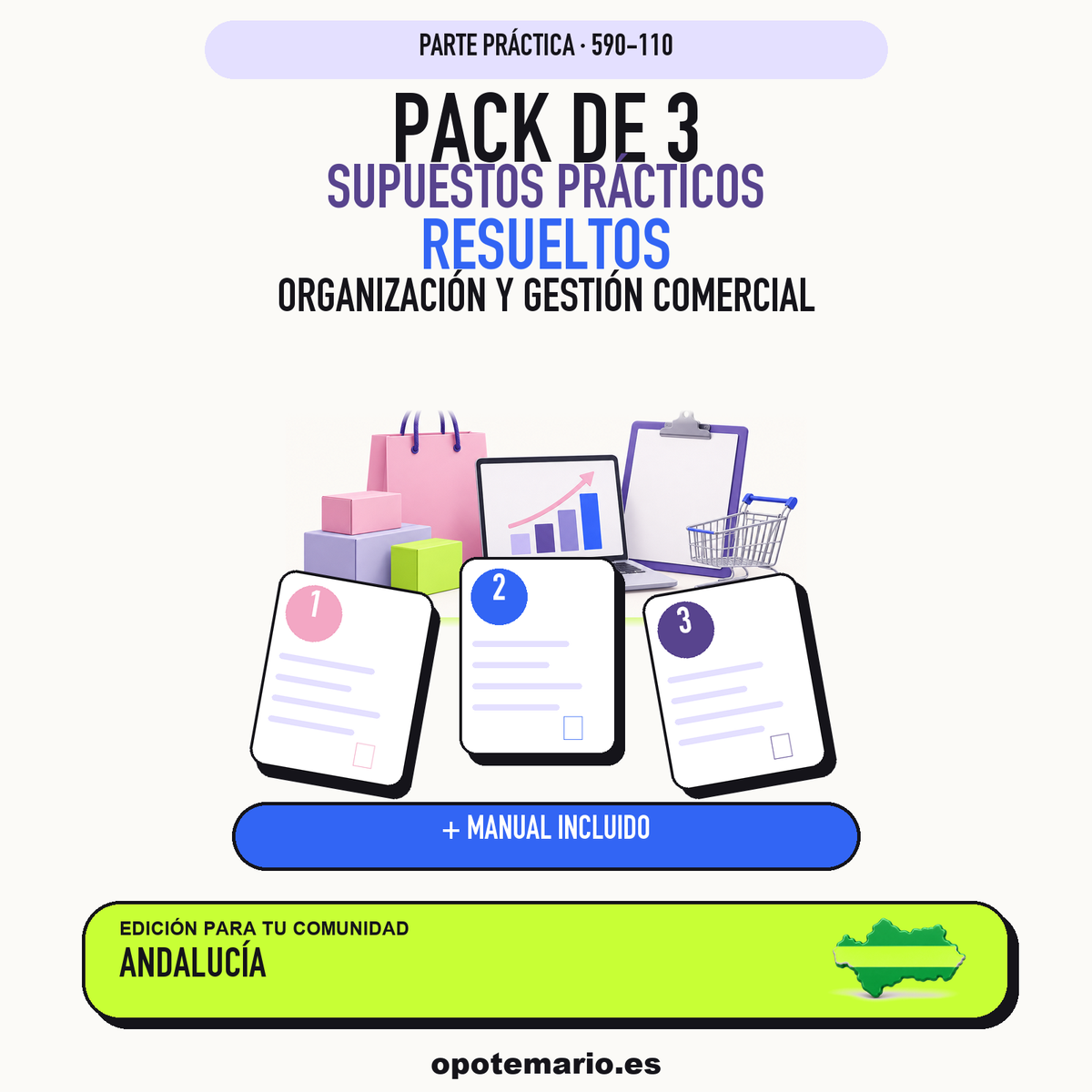 Pack de 3 supuestos prácticos resueltos de Organización y Gestión Comercial en Andalucía. Incluye manual específico. PDF de Opotemario.