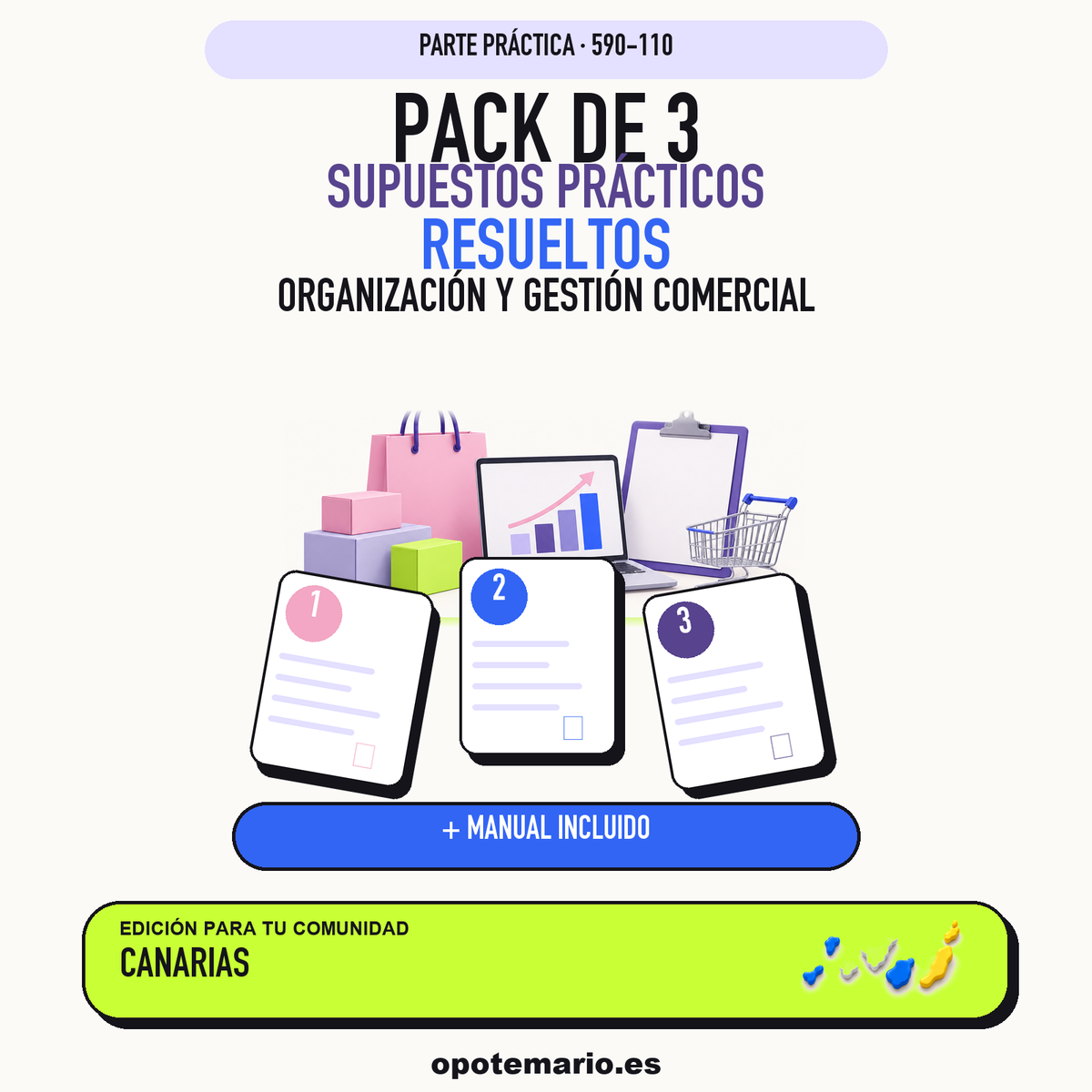 Pack de 3 supuestos prácticos resueltos de Organización y Gestión Comercial en Canarias. Incluye manual específico. PDF de Opotemario.