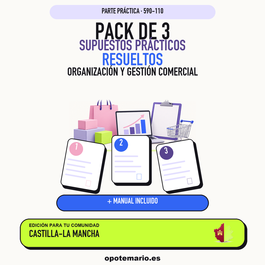 Pack de 3 supuestos prácticos resueltos de Organización y Gestión Comercial en Castilla-La Mancha. Incluye manual específico. PDF de Opotemario.