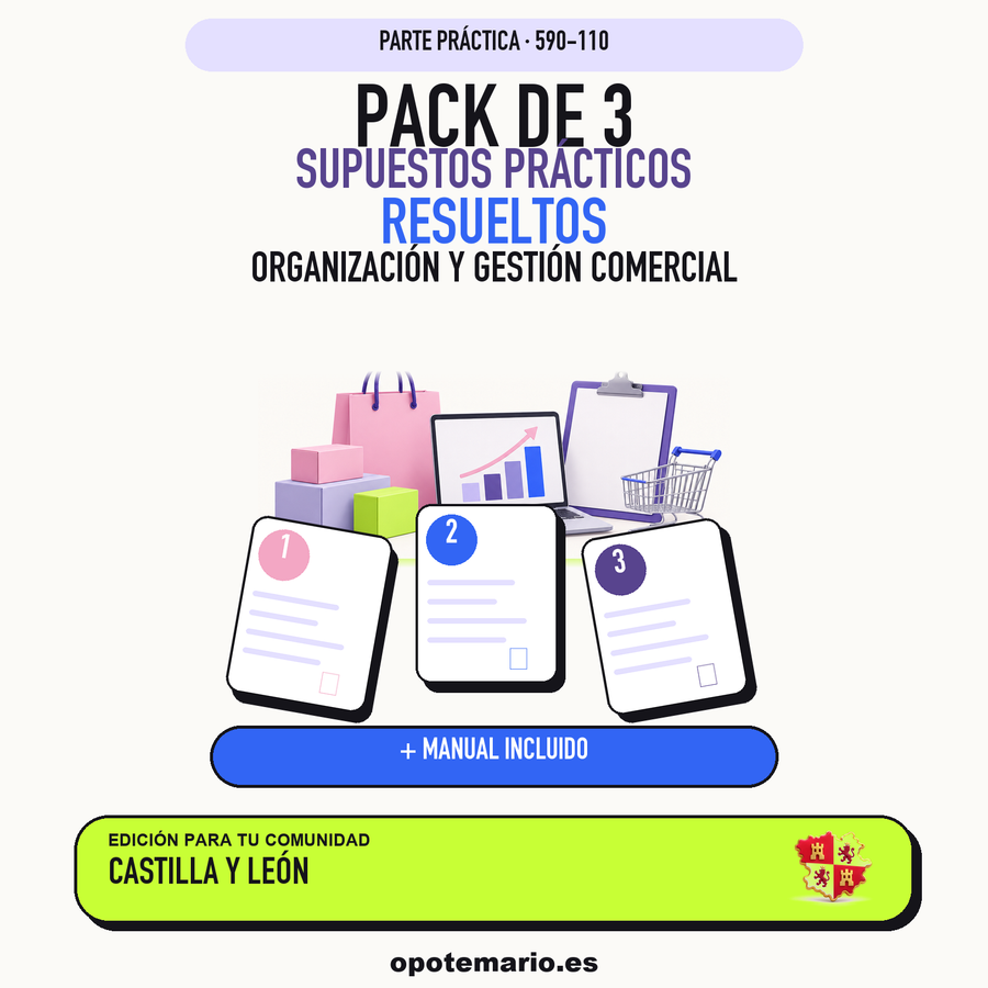 Pack de 3 supuestos prácticos resueltos de Organización y Gestión Comercial en Castilla y León. Incluye manual específico. PDF de Opotemario.