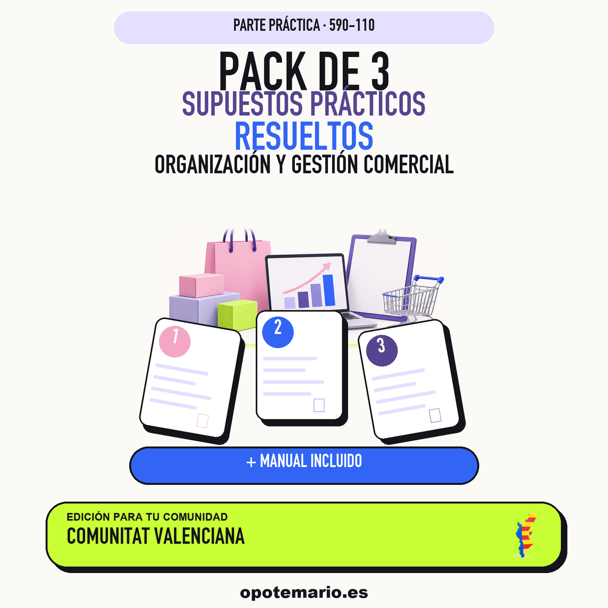 Pack de 3 supuestos prácticos resueltos de Organización y Gestión Comercial en Comunitat Valenciana. Incluye manual específico. PDF de Opotemario.