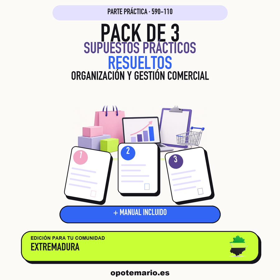 Pack de 3 supuestos prácticos resueltos de Organización y Gestión Comercial en Extremadura. Incluye manual específico. PDF de Opotemario.